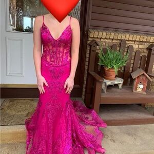 Jovani Fuchsia Lace Prom Dress